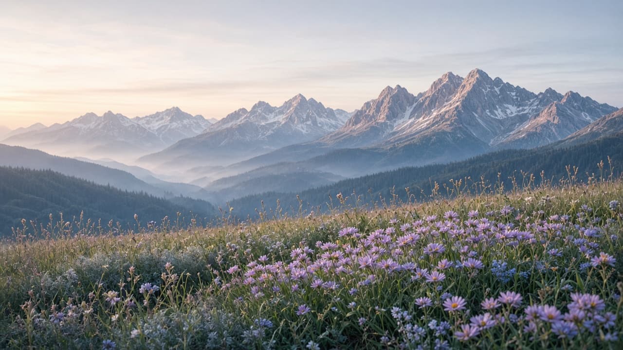 Serene mountain and wildflower field landscape